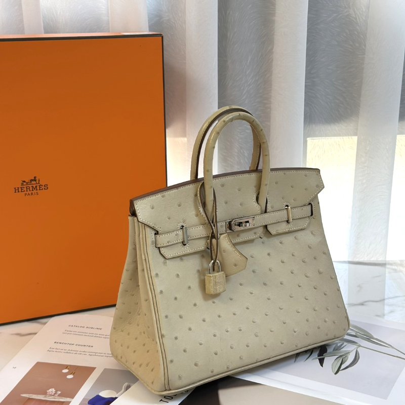 HERMES Birkin 25 - 鴕鳥皮羊毛白銀 🄾-2