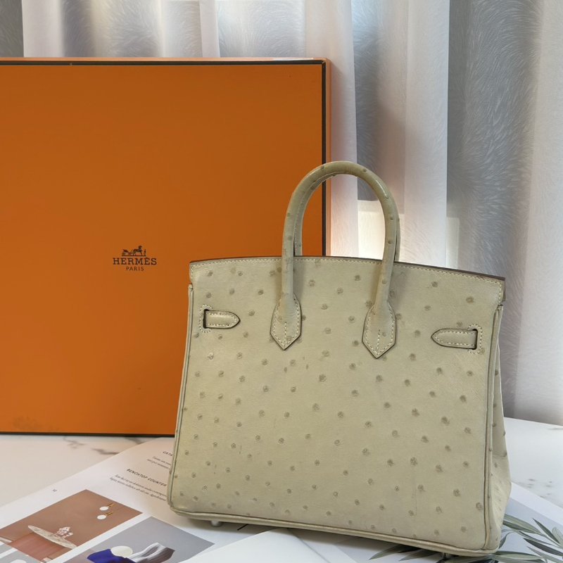 HERMES Birkin 25 - 鴕鳥皮羊毛白銀 🄾-6