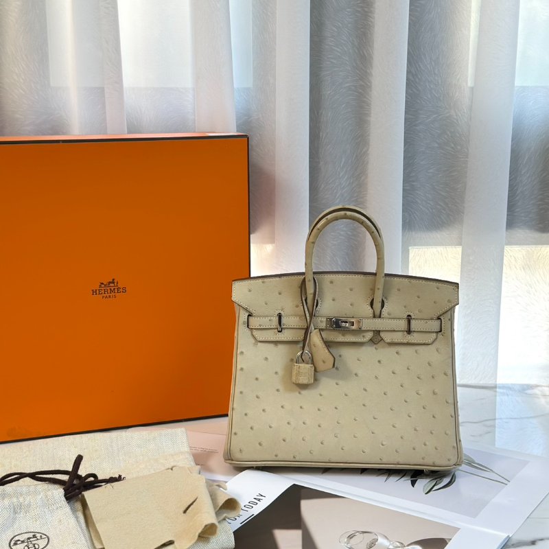 HERMES Birkin 25 - 鴕鳥皮羊毛白銀 🄾-7