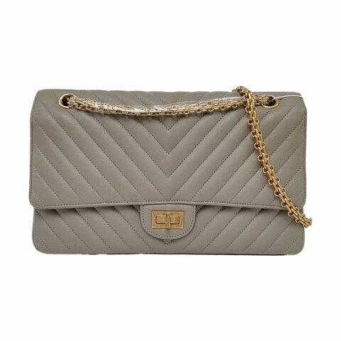 CHANEL 2.55 灰色荔枝紋牛皮V紋單肩包斜挎包 金色五金 27開
