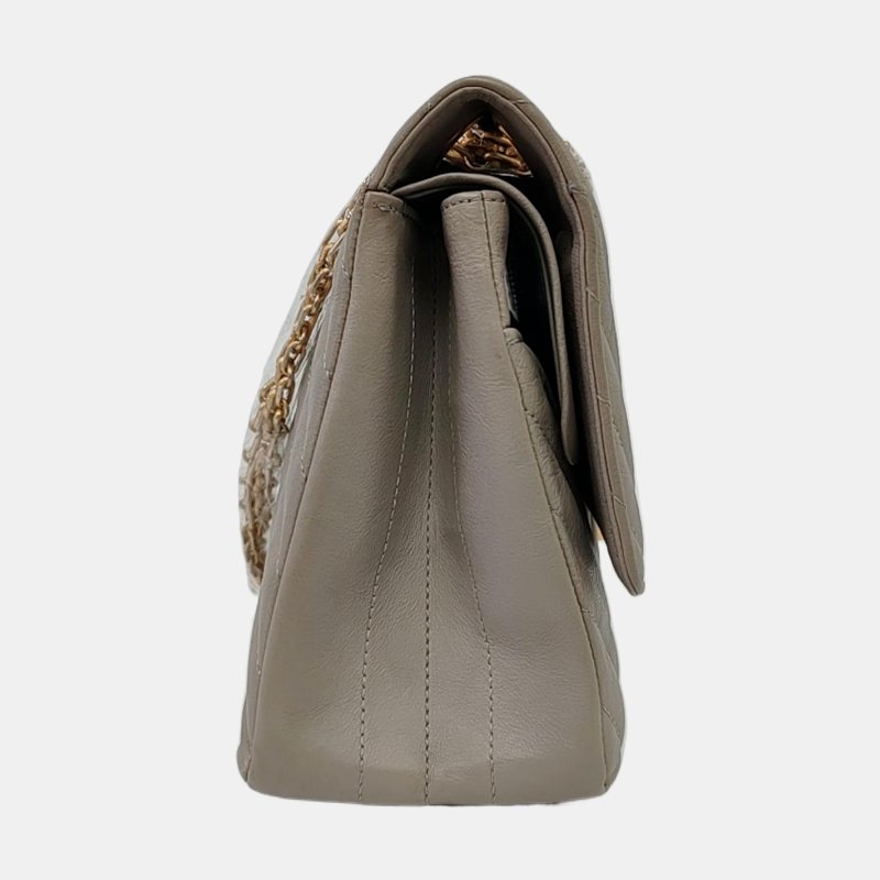 CHANEL 2.55 灰色荔枝紋牛皮V紋單肩包斜挎包 金色五金 27開-3