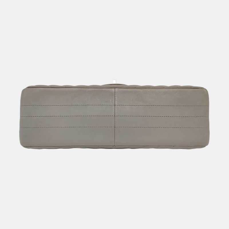 CHANEL 2.55 灰色荔枝紋牛皮V紋單肩包斜挎包 金色五金 27開-5