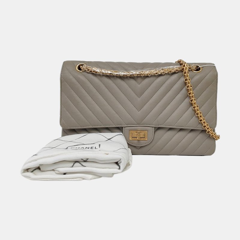 CHANEL 2.55 灰色荔枝紋牛皮V紋單肩包斜挎包 金色五金 27開-7