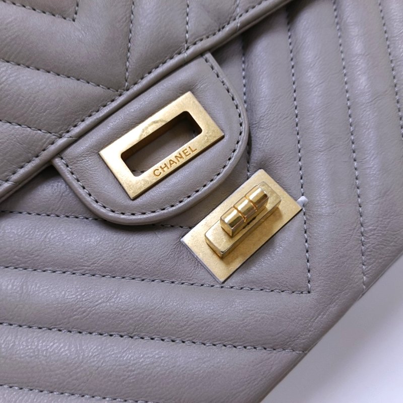 CHANEL 2.55 灰色荔枝紋牛皮V紋單肩包斜挎包 金色五金 27開-8