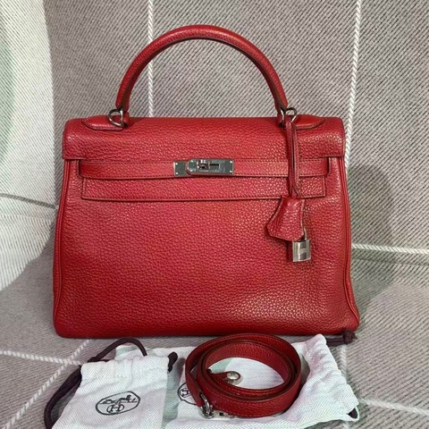 二手 Hermes 爱马仕 Kelly32 国旗红皮银扣 n 刻