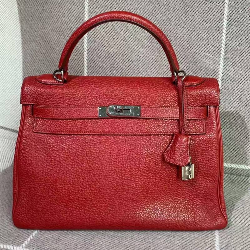 二手 Hermes 爱马仕 Kelly32 国旗红皮银扣 n 刻-3