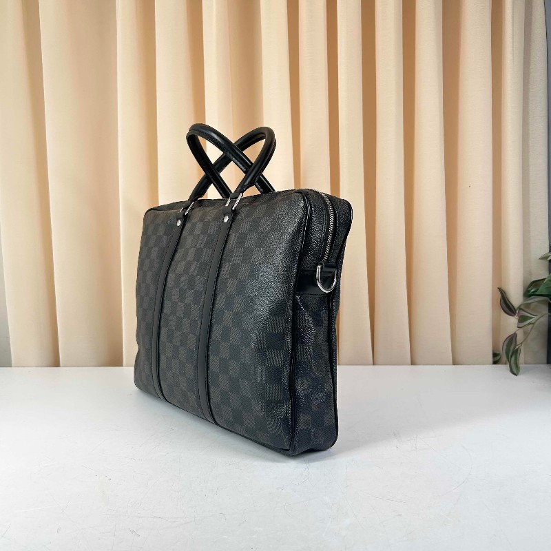 LV Porte Documents Voyage 黑色棋盤格電腦公事包 肩帶-4