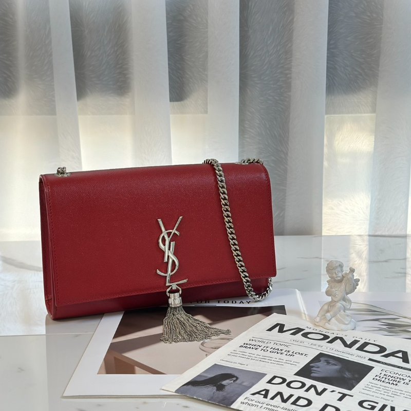 YSL Kate 流蘇鍊帶斜背包 - 紅銀-0