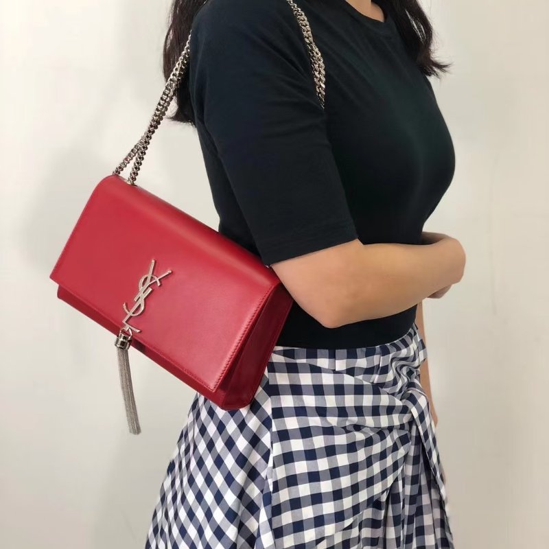 YSL Kate 流蘇鍊帶斜背包 - 紅銀-1