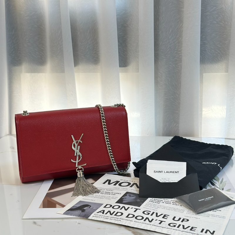 YSL Kate 流蘇鍊帶斜背包 - 紅銀-7