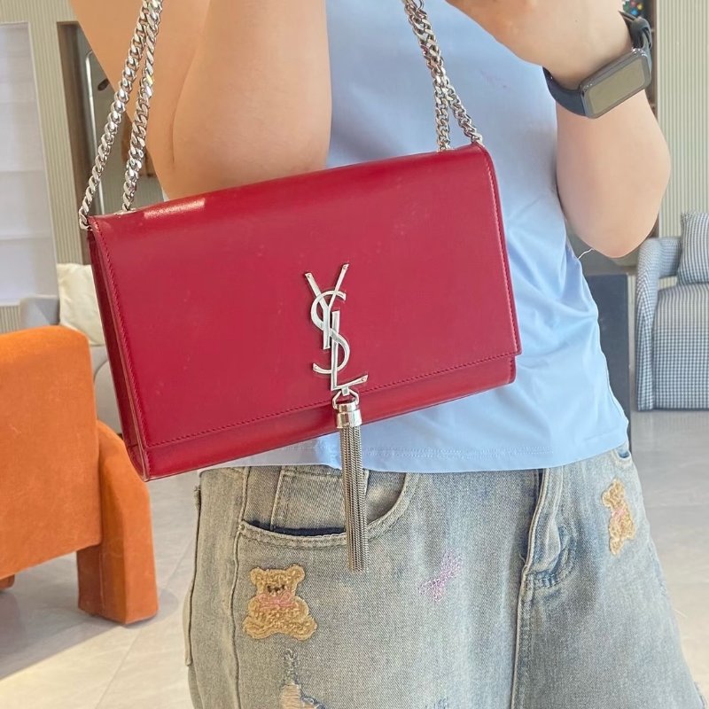 YSL Kate 流蘇鍊帶斜背包 - 紅銀-8
