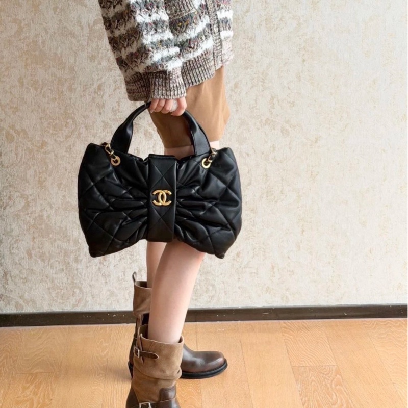 【全❤️全套】Chanel 25k秀款蝴蝶結中號黑金羊全皮款 手提包 單肩包-2