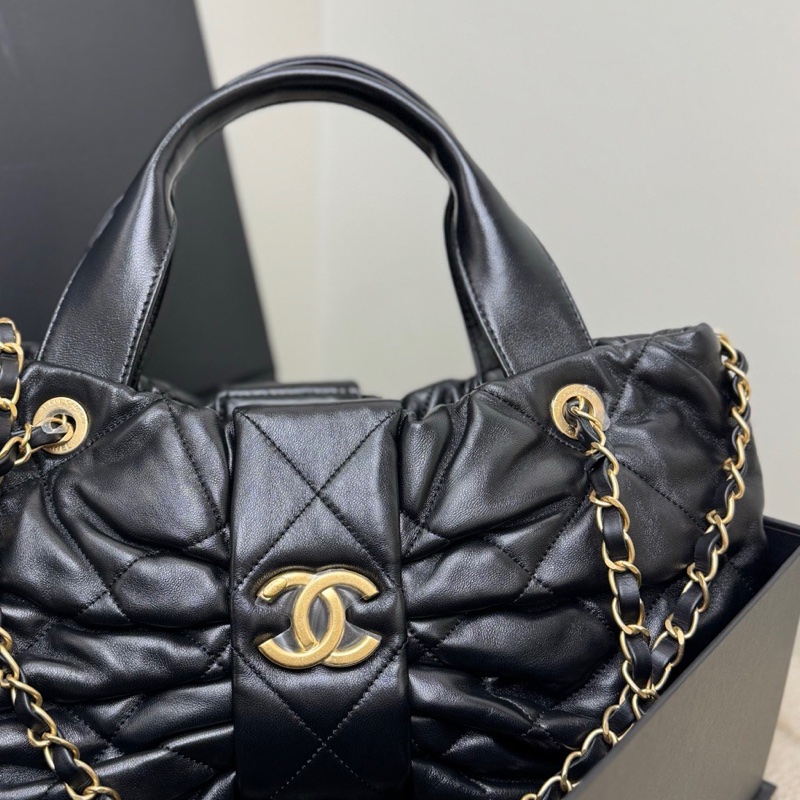 【全❤️全套】Chanel 25k秀款蝴蝶結中號黑金羊全皮款 手提包 單肩包-4