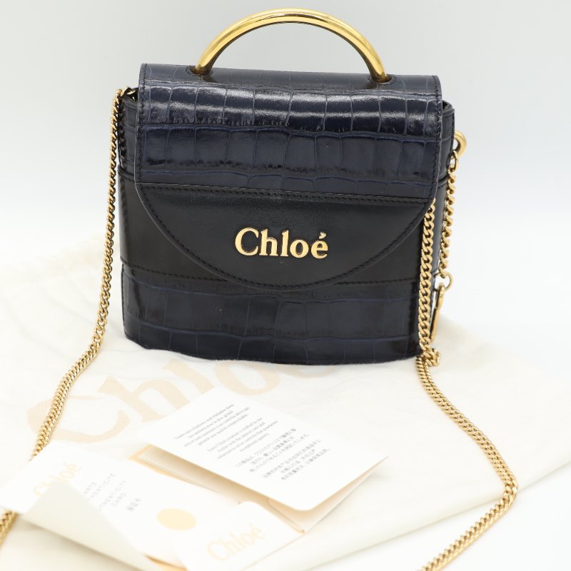 Chloé 蔻依 Aby Lock 海軍藍 黑色 鱷魚壓紋牛皮 小型手提包 肩背包-1