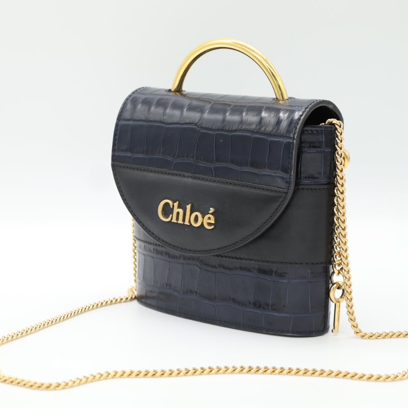 Chloé 蔻依 Aby Lock 海軍藍 黑色 鱷魚壓紋牛皮 小型手提包 肩背包-3