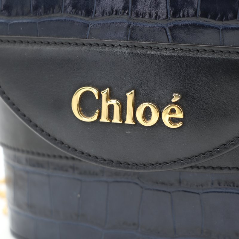 Chloé 蔻依 Aby Lock 海軍藍 黑色 鱷魚壓紋牛皮 小型手提包 肩背包-9