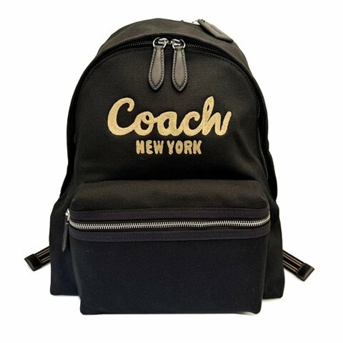 COACH 蔻馳專櫃款繡線字母LOGO帆布中性款後背包(黑)
