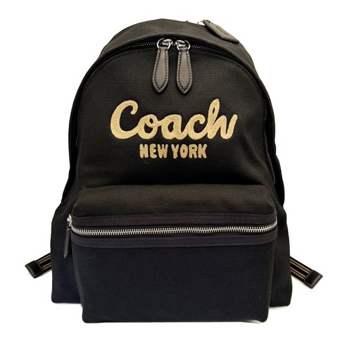 COACH 蔻馳專櫃款繡線字母LOGO帆布中性款後背包(黑)-0