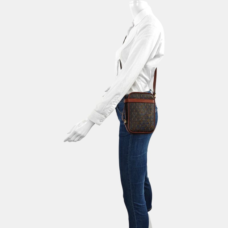 YSL 相機包棕色塗層帆布印花單肩包斜挎包 金色五金 9.8新-1