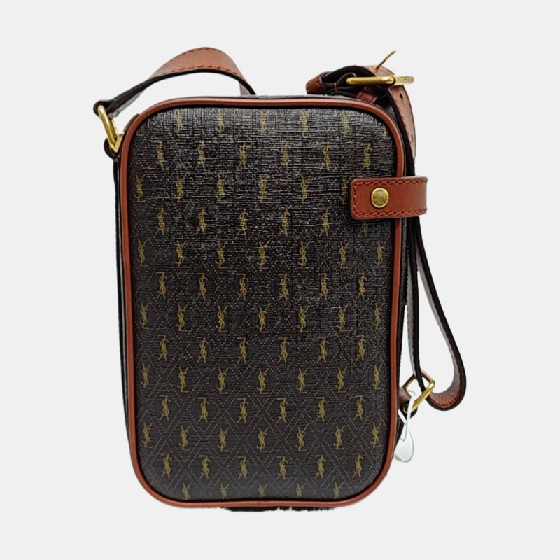 YSL 相機包棕色塗層帆布印花單肩包斜挎包 金色五金 9.8新-4