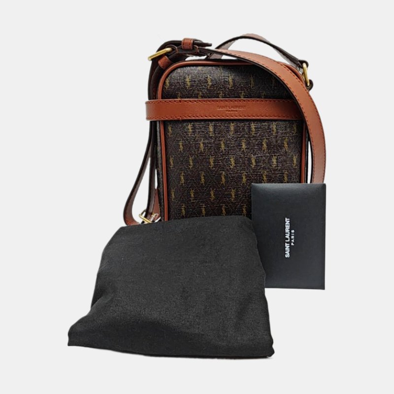 YSL 相機包棕色塗層帆布印花單肩包斜挎包 金色五金 9.8新-7