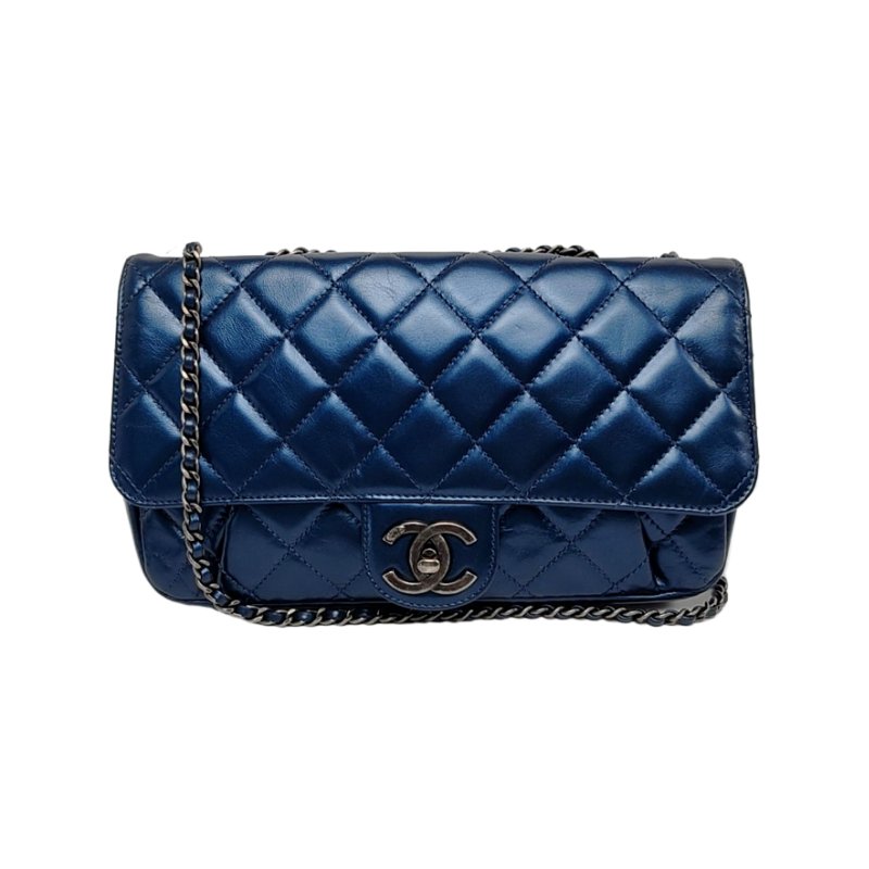 CHANEL CLASSIC FLAP中號深藍色牛皮菱格紋絎縫單肩包 釕色五金 22開-0