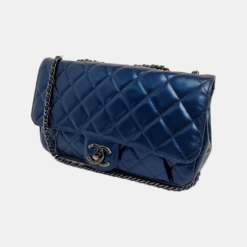 CHANEL CLASSIC FLAP中號深藍色牛皮菱格紋絎縫單肩包 釕色五金 22開-2