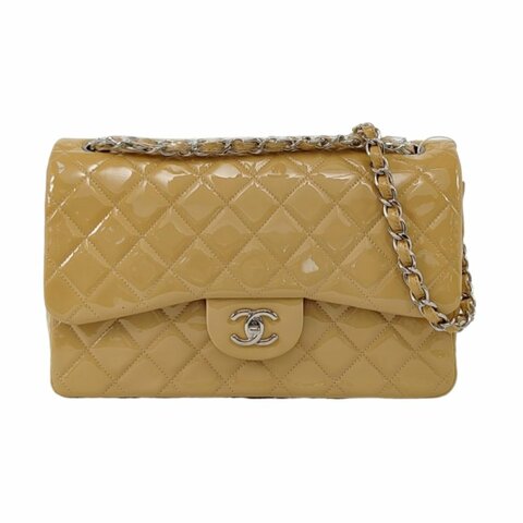 CHANEL CLASSIC FLAP大號米色漆皮菱格紋絎縫斜挎包單肩包銀色五金18開