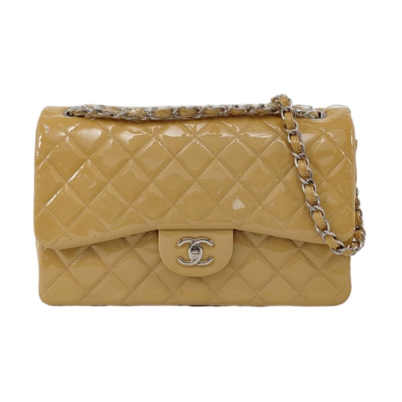 CHANEL CLASSIC FLAP大號米色漆皮菱格紋絎縫斜挎包單肩包銀色五金18開-0