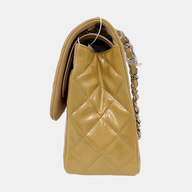 CHANEL CLASSIC FLAP大號米色漆皮菱格紋絎縫斜挎包單肩包銀色五金18開-2