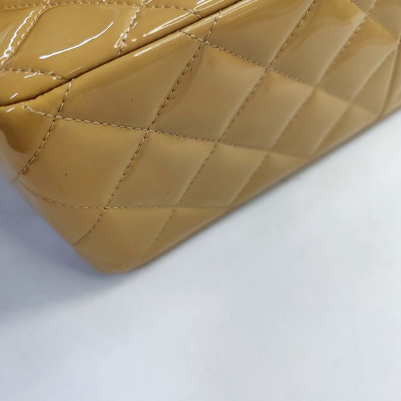 CHANEL CLASSIC FLAP大號米色漆皮菱格紋絎縫斜挎包單肩包銀色五金18開-10