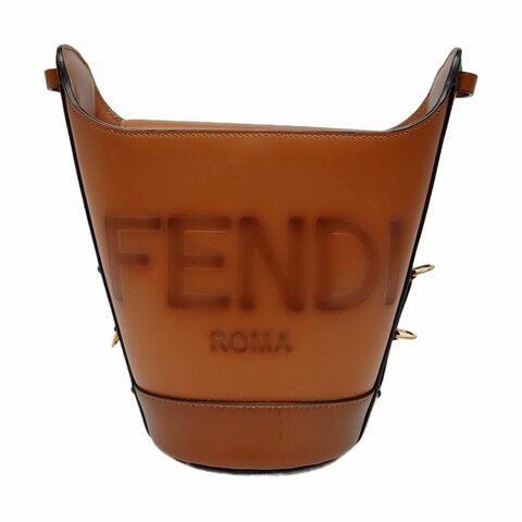 FENDI 水桶包棕色牛皮單肩包斜挎包 金色五金 可拆卸肩帶