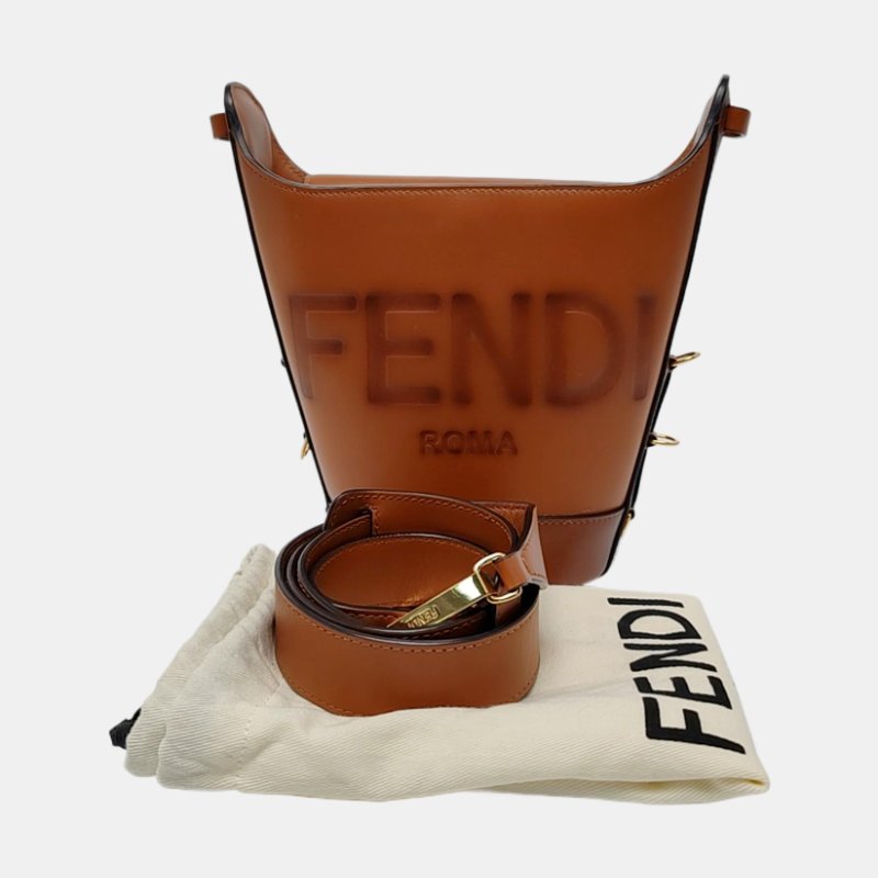 FENDI 水桶包棕色牛皮單肩包斜挎包 金色五金 可拆卸肩帶-7