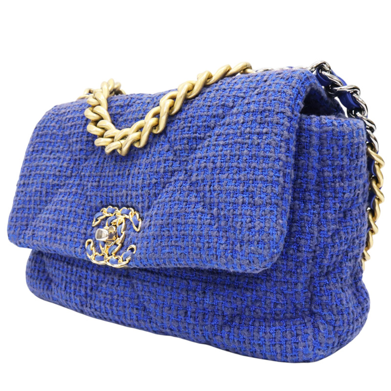 藍色 粗花呢 19 鍊帶 肩背包 金扣【CHANEL 香奈兒】 AS1160-1