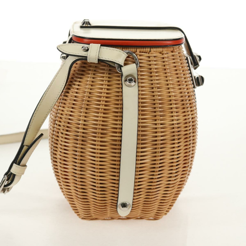【日本直送】PRADA 藤編皮革編織籃包 白色 米色 銀色 正品 mr1668SAM-2