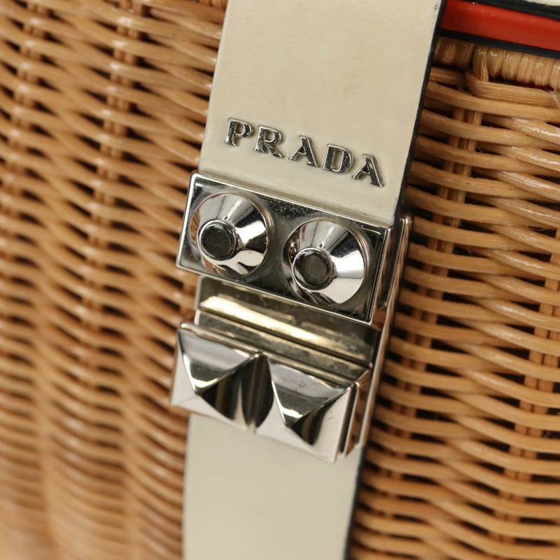 【日本直送】PRADA 藤編皮革編織籃包 白色 米色 銀色 正品 mr1668SAM-19