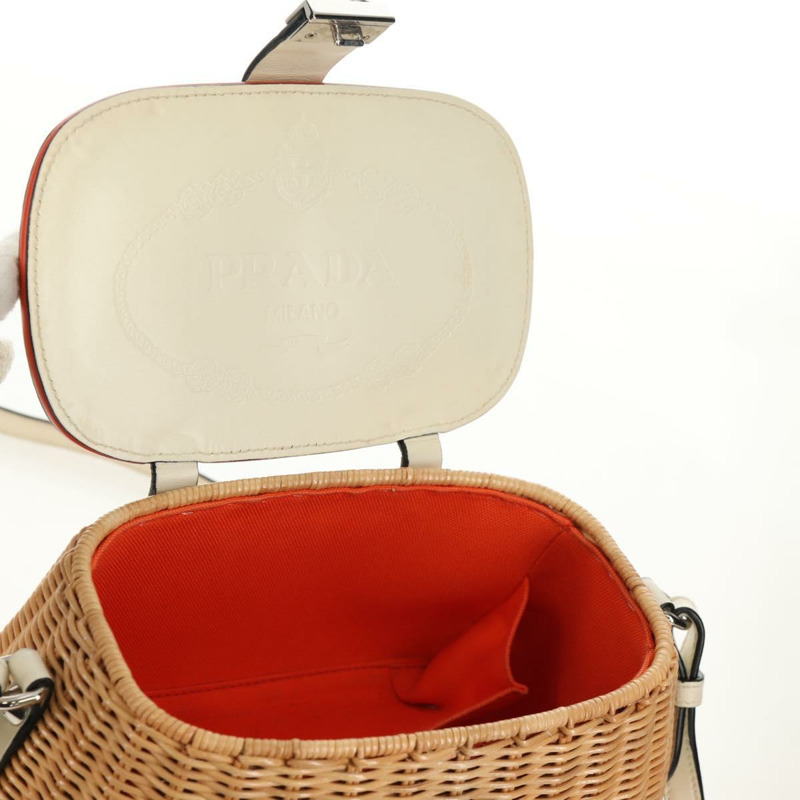 【日本直送】PRADA 藤編皮革編織籃包 白色 米色 銀色 正品 mr1668SAM-20