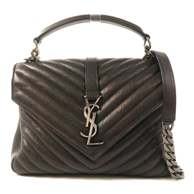 YVES SAINT LAURENT 皮革College Medium銀扣手挽肩背兩用袋-0