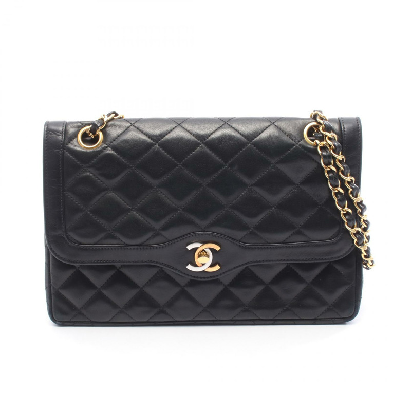 香奈兒 (CHANEL) Matelasse Paris 限量版 W 翻蓋鏈條肩背包，黑色皮革，二手-0