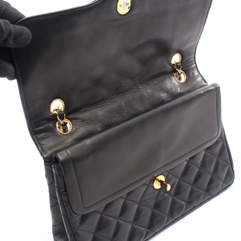 香奈兒 (CHANEL) Matelasse Paris 限量版 W 翻蓋鏈條肩背包，黑色皮革，二手-9
