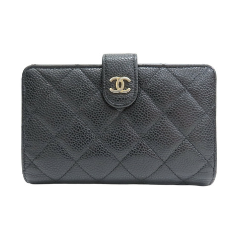 黑色 荔枝紋 牛皮 金扣 扣式中夾【CHANEL 香奈兒】