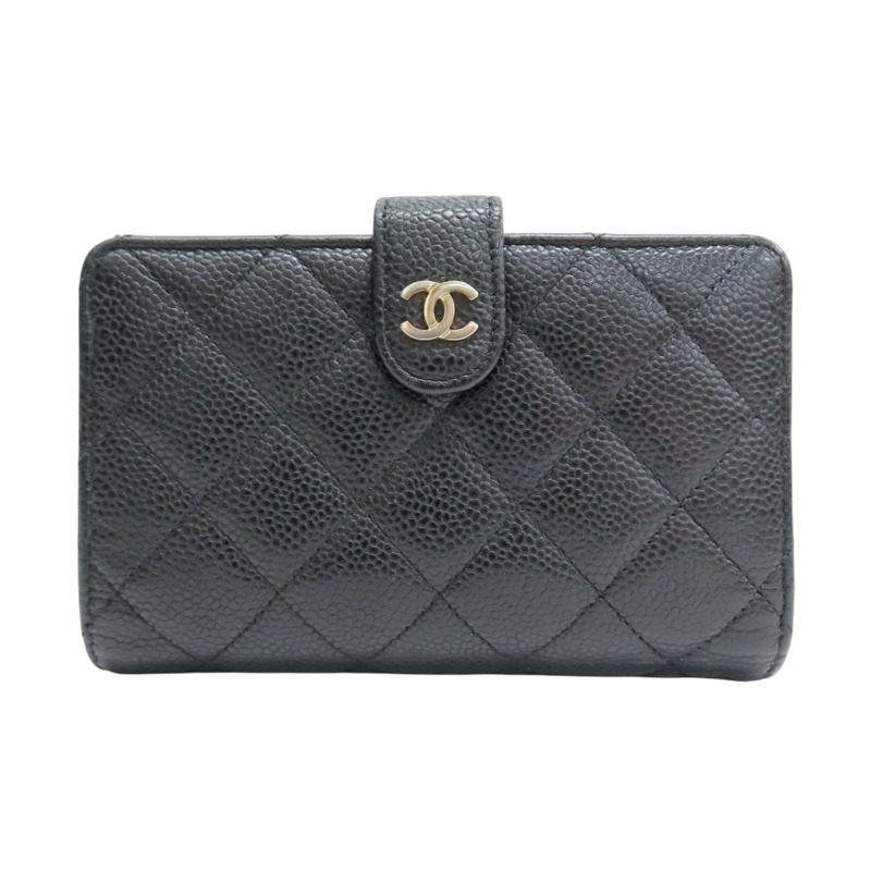 黑色 荔枝紋 牛皮 金扣 扣式中夾【CHANEL 香奈兒】-0