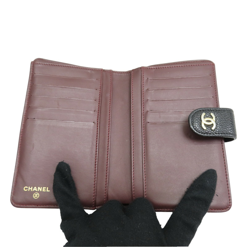 黑色 荔枝紋 牛皮 金扣 扣式中夾【CHANEL 香奈兒】-4