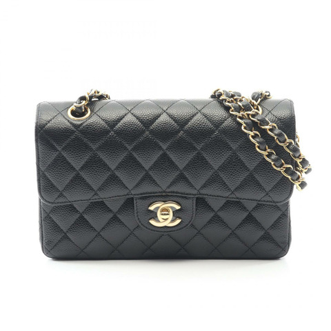 香奈兒 (CHANEL) Matelasse W 翻蓋鏈條單背包 A01113 黑色皮革 二手金色五金 COCO