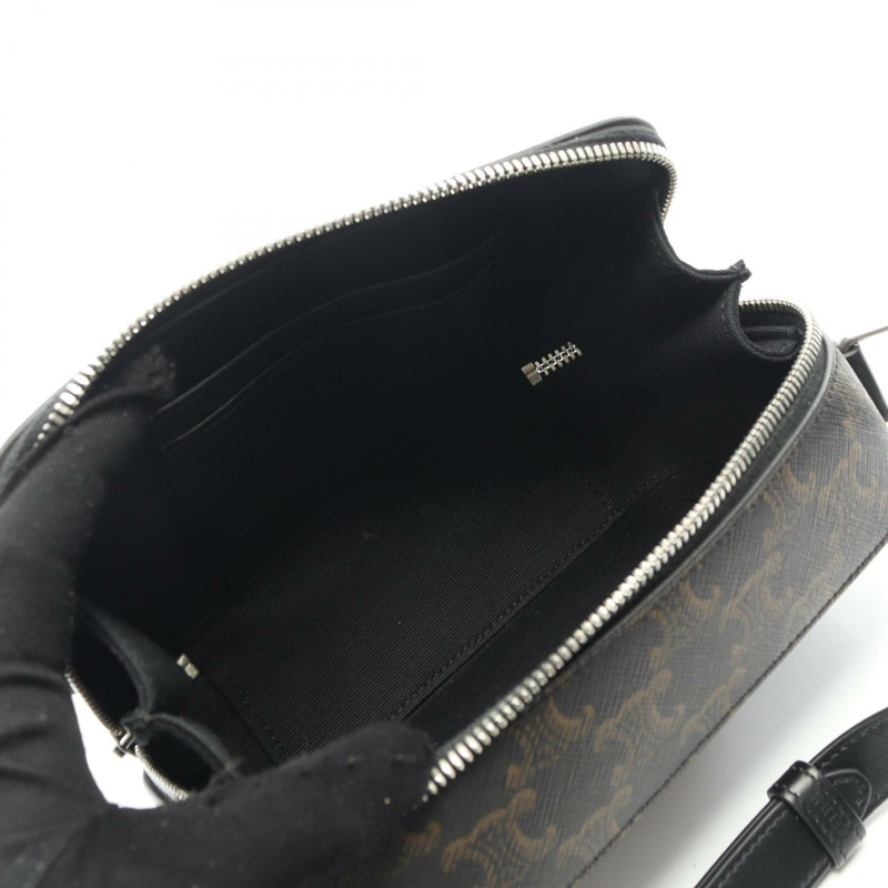 CELINE Triomphe 斜背包肩背包 114902EVJ 帆布皮革 黑色棕色 二手-2