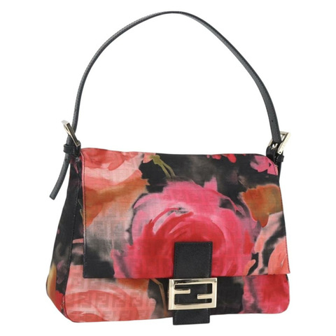 FENDI Zucchino帆布Mamma Baguette單肩包 紅色金色 正品 158873SM
