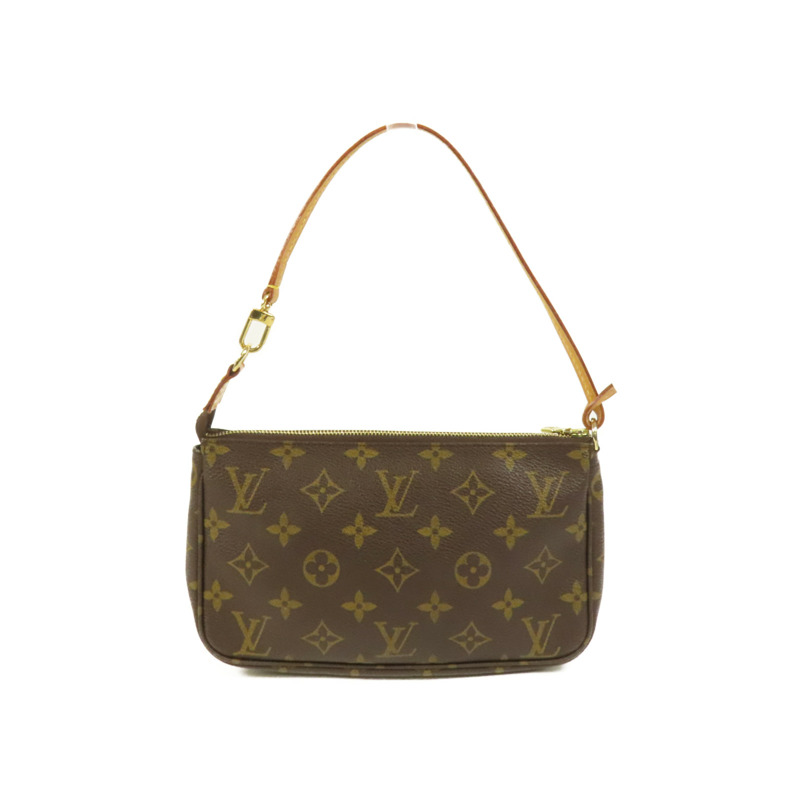 LOUIS VUITTON Monogram Pochette Accessoires金扣手挽袋棕色-0