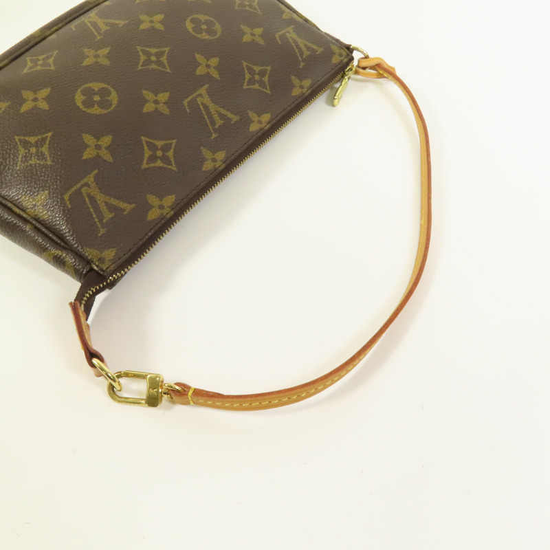 LOUIS VUITTON Monogram Pochette Accessoires金扣手挽袋棕色-4