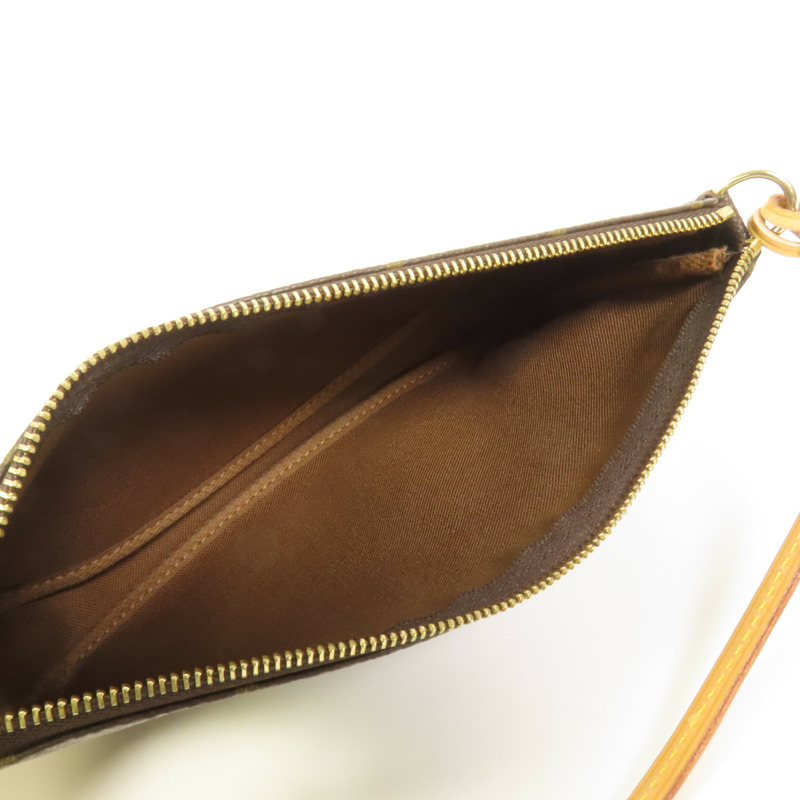 LOUIS VUITTON Monogram Pochette Accessoires金扣手挽袋棕色-7