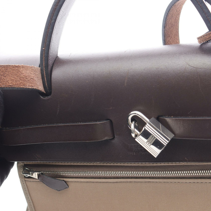 HERMES Herbag 拉鍊小號單肩手提包 R Toile Officier Hunter etupe ebene SHW-7